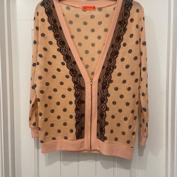 Retro-Inspired Pink & Black Polka Dot Lace Sweater Large - Picture 3 of 7